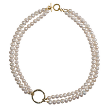 Load image into Gallery viewer, Double Strand Freshwater Pearl Necklace with Hammered Gold Hoop