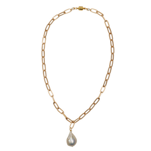 Matte Gold Paperclip Chain & Baroque Pearl Necklace