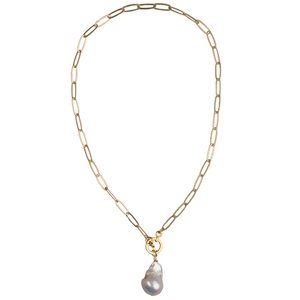 Matte Gold Paperclip Chain & Baroque Pearl Necklace