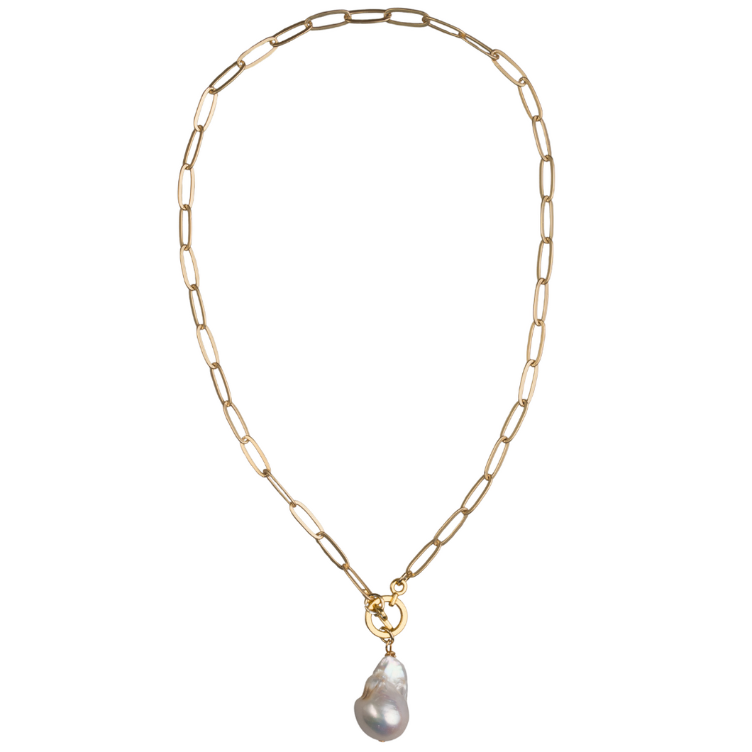 Matte Gold Paperclip Chain & Baroque Pearl Necklace