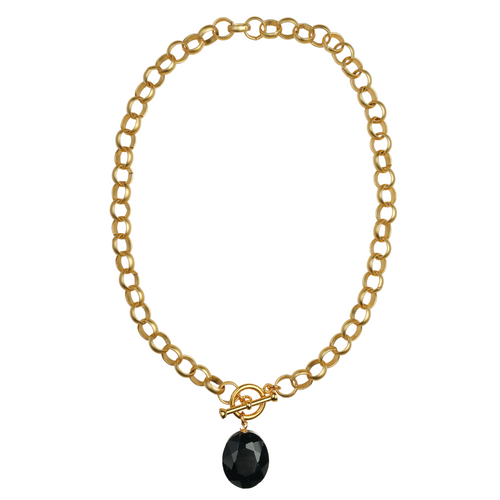 Matte Gold Circle Chain & Black Crystal Necklace