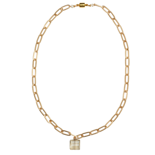 Matte Gold Paperclip Chain & Champagne Crystal Necklace