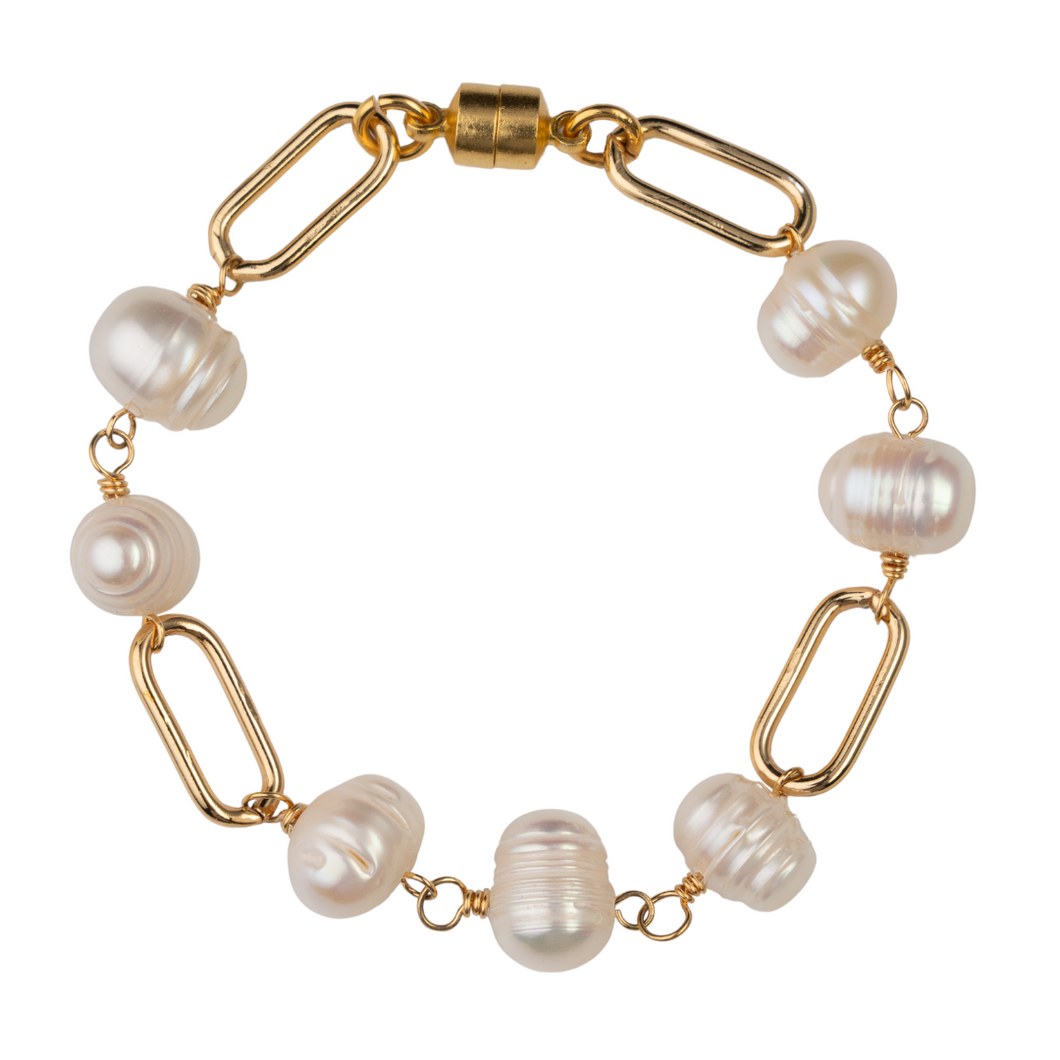 Pearl & Gold Paperclip Chain Bracelet