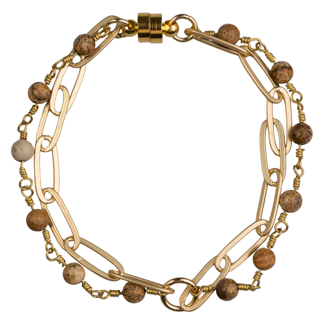 Matte Gold Paperclip Chain & Picture Jasper Wood Chain Bracelet