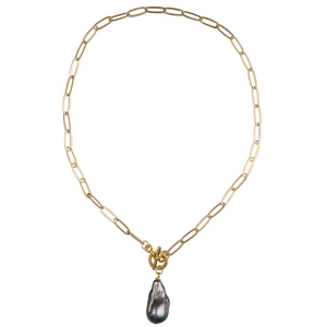 Matte Gold Paperclip Chain & Peacock Baroque Pearl Necklace