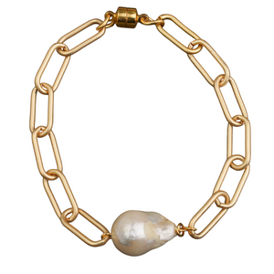 Matte Gold Paperclip Chain & Baroque Pearl