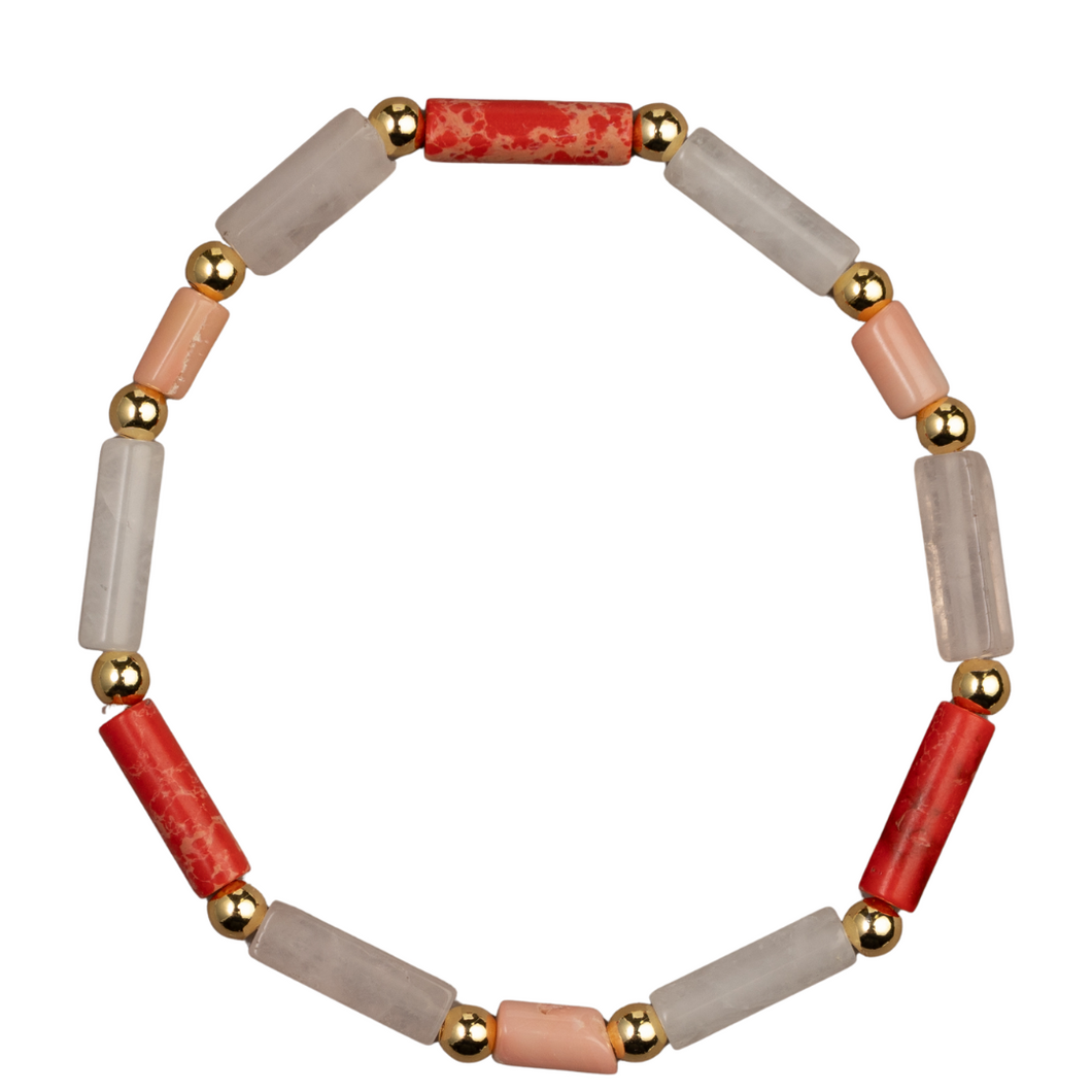 Coral Jasper, Rose Quartz, Snow Agate, Coral & Gold Bracelet