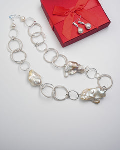 Silver circle chain, Baroque pearl necklace and earring set
