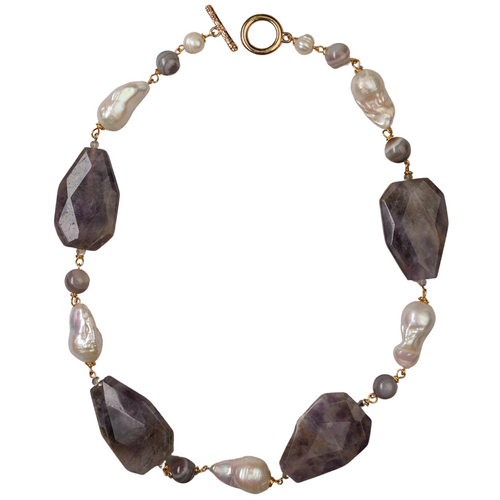 flower amethyst, baroque pearl necklace