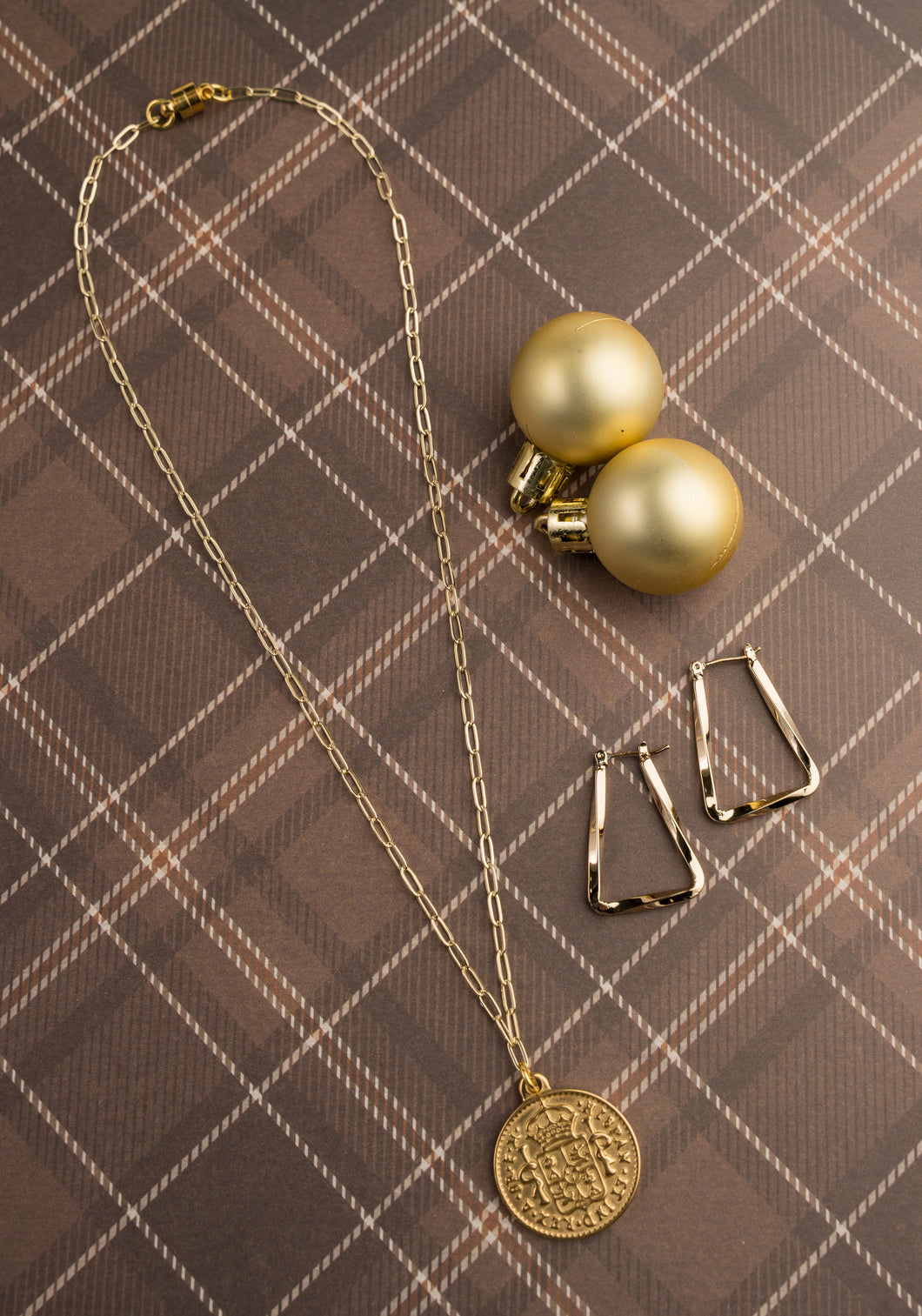 Gold coin necklace & twisted gold earring