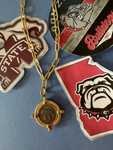 Bulldog Coin Pendant on Matte Gold Paperclip Chain Necklace