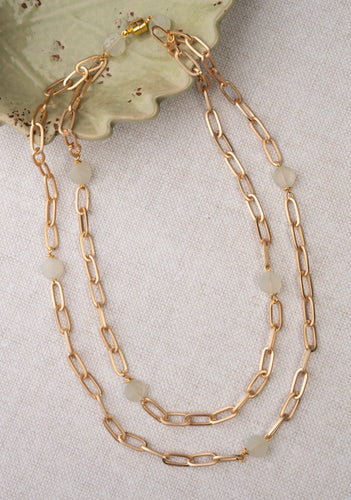 Matte Gold Paperclip chain necklace with jade