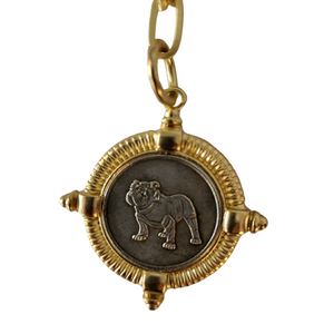 Bulldog Coin Pendant on Matte Gold Paperclip Chain Necklace