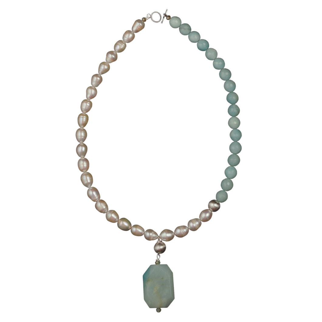 Pearl, Amazonite, silver brushed ball necklace