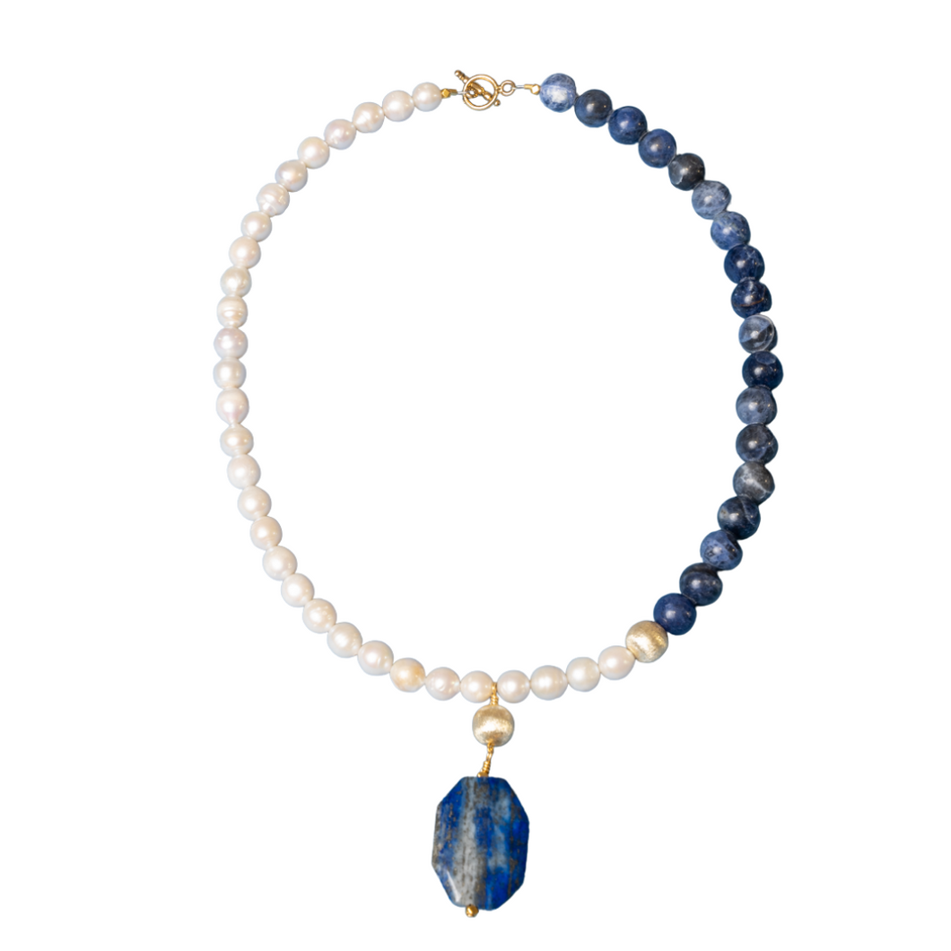 Pearl and Sodalite Necklace with Lapis