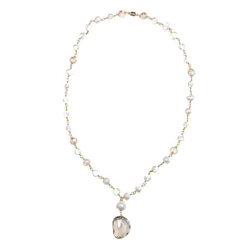 Pearl Gold Chain, Champagne Crystal Necklace