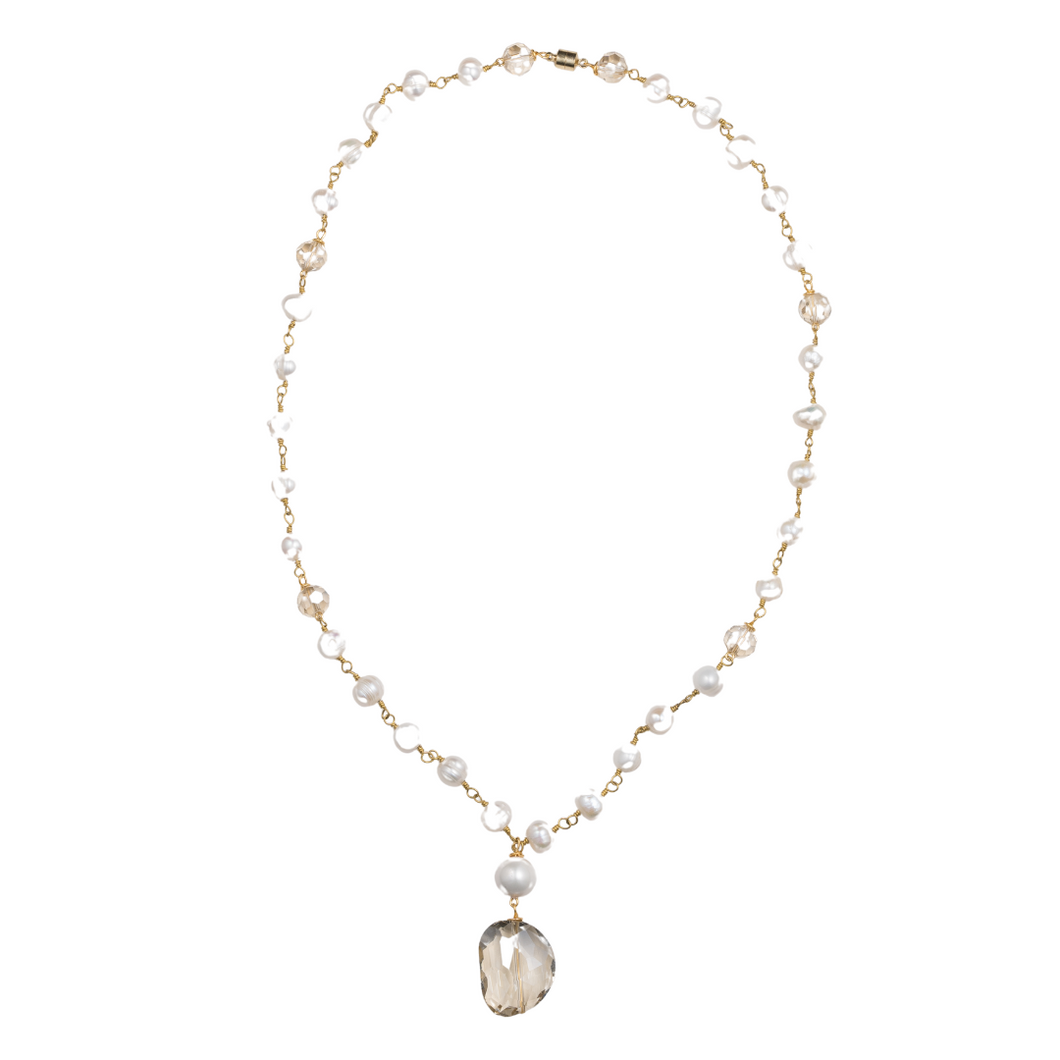 Pearl Gold Chain, Champagne Crystal Necklace